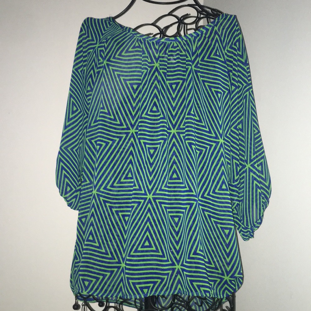 Blue, green patterned shirt.